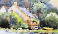 Cottage on the River watercolour, 21 x 30cm
