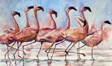 Flamingos on Parade watercolour, 53 x 64cm