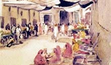 Street Sellers, Nagaur, Rajasthan watercolour, 18 x 26cm