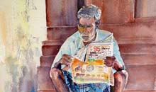 The Morning Paper watercolour, 36 x 27cm