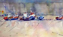 Waiting for the Tide, Staithes watercolour, 18 x 45cm