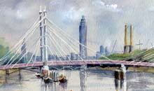 Albert Bridge watercolour, framed, 30x60cm