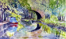 Deepcut, Basingstoke Canal watercolour, framed 17 x 24cm