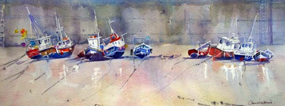 Waiting for the Tide, Staithes watercolour, 18 x 45cm